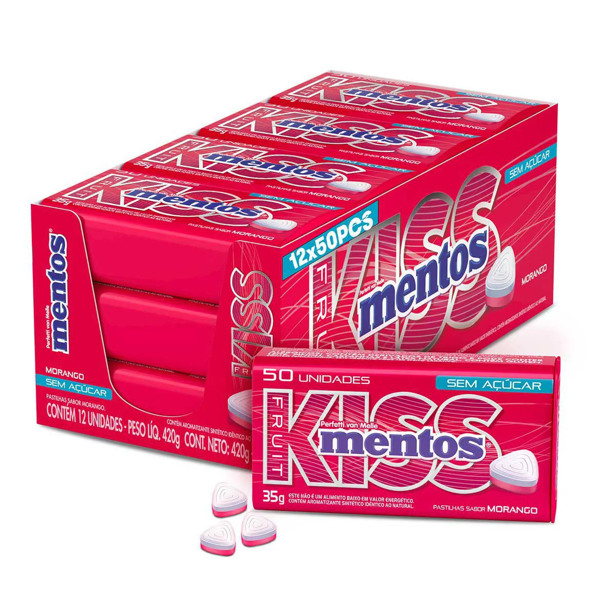 PASTILHA MENTOS KISS MINT MORANGO 35G DISPLAY 12U